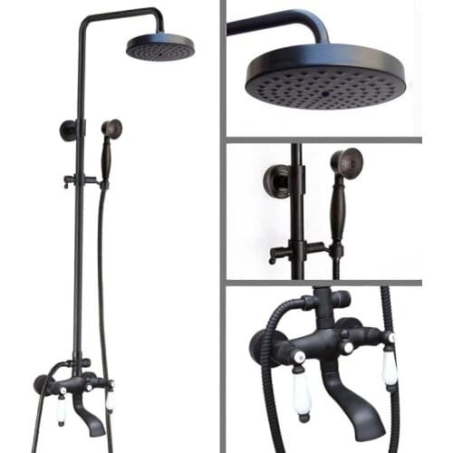 Black Oil Rubbed Brass Dual Ceramic Handles Bathroom 8 Inch Round Rain Shower Faucet Set Bath Tub Mixer Tap Hand Shower mhg147