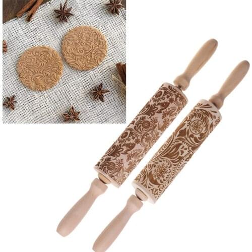 Wood Embossing Rolling Pin Fondant Dough Vintage Pattern Engraved Roller Stick Baking Pastry Tool Baking Christmas Accessories