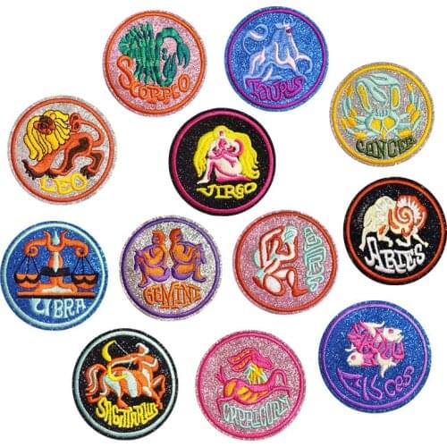 Customized Wholesale Cartoon round 12 Constellation Zhang Zai Embroidered Cloth Stickers Patch