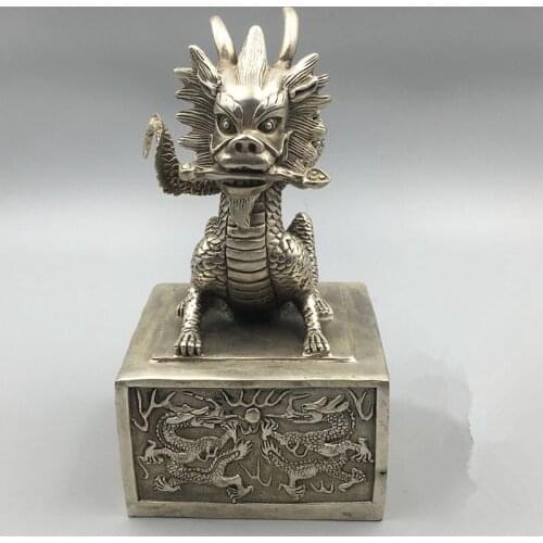 China miao Silver Emperor imperial seal zhanglong and ruyi Statue home metal crafts