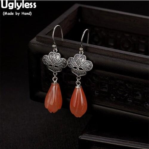 Uglyless Classic Thai Silver Medal Fine Jewelry for Women Real Solid 925 Silver Handmade Flower Earrings Agate Magnolia Earrings