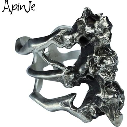 Apinje 925 Sterling Silver Skull Ring for Men Rock Spine Bone Rings Personality Fashion Wild Punk Gothic Jewelry