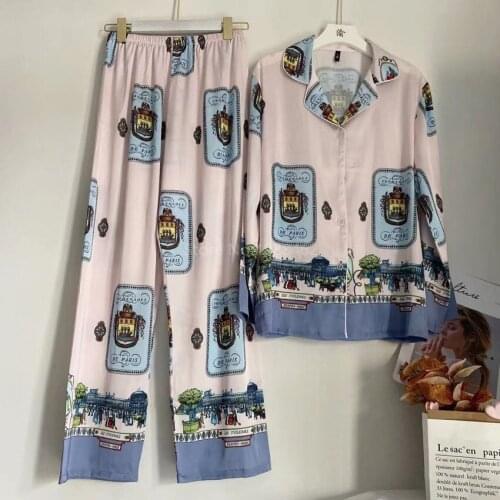 2PCS Women Print Loose Pajamas Sets Spring Autumn Long Sleeve Plus Size Casual Homewear Female Turn-down Collar Sleepwear