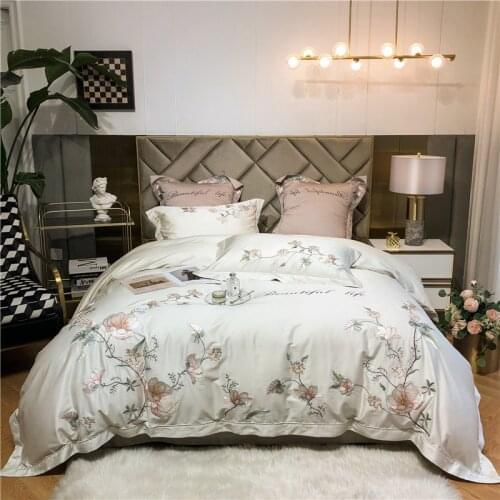 New Luxury White Soft Cozy Egyptian Cotton Palace Bedding Set Bloom Flowers Embroidery Duvet Cover Flat/Fitted Sheet Pillowcases