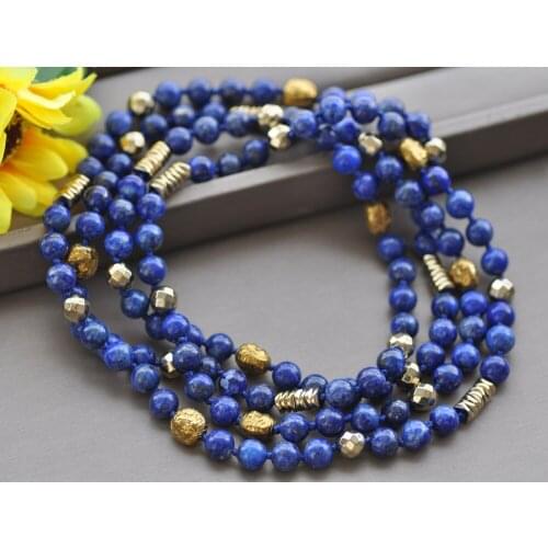 Z10184 50" 8mm Natural Round lapis lazuli Turquoise Extrusive-rock Agate Gold Hematite Necklace