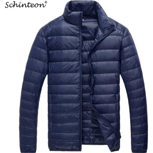 Schinteon Men Ultra Light White Duck Down Jacket Thin Stand Collar Solid Color Simple Autumn Outwear