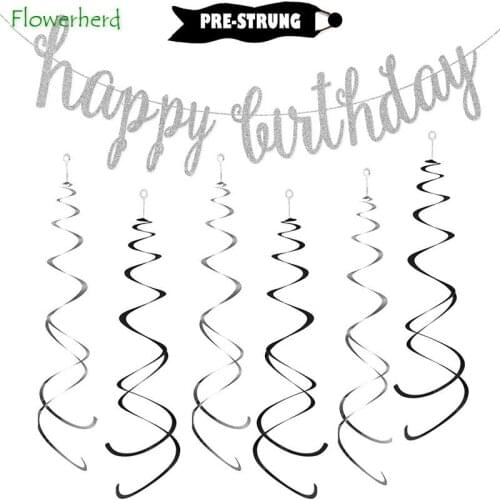 Silver Happy Birthday Banner Hanging Swril Birthday Decoration Kit Hanging Ornaments for Birthday Party Decorations Pre-Strung