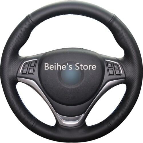 Hand sewing custom Black Leather Red thread Car Steering Wheel Cover for BMW X1 2014-2015