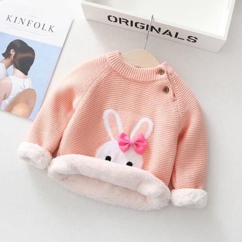 Teenster Toddler Girl Sweater Cute Rabbit Embroidery Bow Tie Tops Fleece Warm Winter Clothes Baby Children Outfits