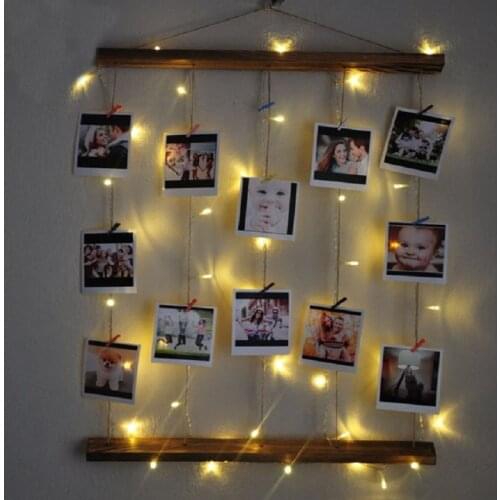 Natural Wood Drawstring illuminated Photo Hanger Clips String Collage Display Light led clip photo hanging Wall Photo Frame