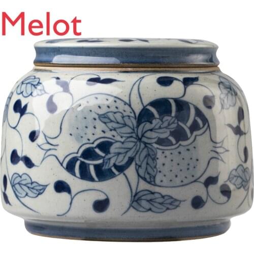 Vintage Tea Jar Tea Container Jingdezhen Handmade Blue and White Sealed Jar Kung Fu Tea Utensils Household Ceramic Pickling Jar