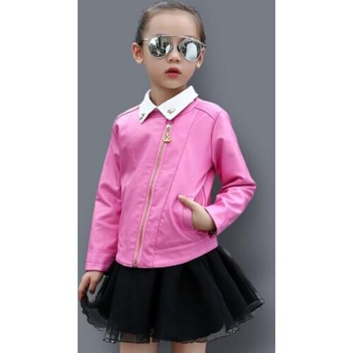 New Girls Jacket Leather Coat Pink color O-neck Full Sleeve Manteau Fille Girls Jacket 7CT002