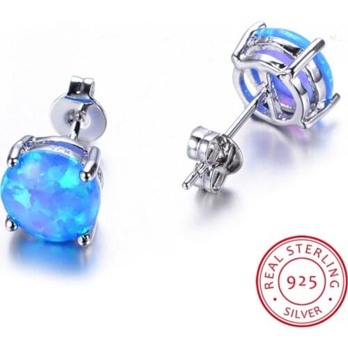 Boho Female Small Round Stud Earrings 925 Sterling Silver Earrings For Women Cute Pink White Blue Fire Opal Earrings
