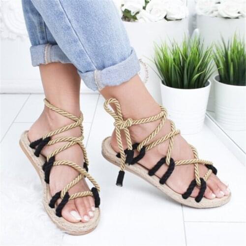 2021 Rome Style Womens Sandals Platform Shoes Open Toe Bandage Beach Footwear Flat Rope Tie Lace Up Outdoor Ladies Flip Flops