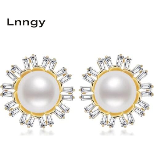 Lnngy 925 Sterling Silver Earrings 9mm Freshwater Pearl Stud Earrings for Women Flower Stud Earrings Fine Jewelry Elegant Gifts