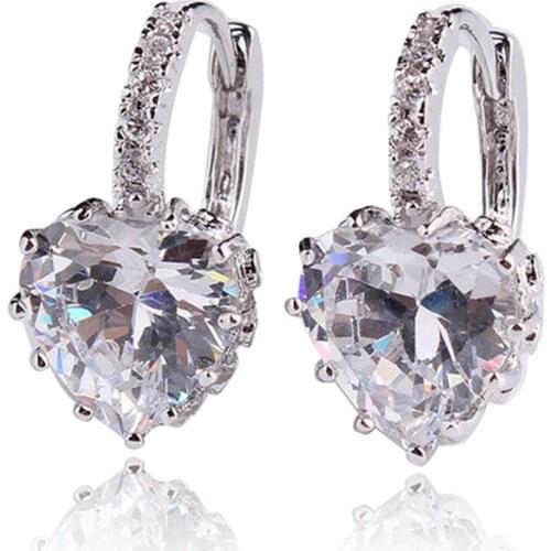 Woman 18K White Gold Plated Shining Rhinestone Heart Everlasting Hoop Earrings Luxury Jewelry, Shiny, Hoop Earrings, High Qualit