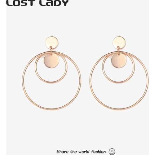 Lost Lady Hollow Geometric Round Dangle Earrings Trendy Gold Color Punk Big Circle Earrings for Women Party Jewelry Wholesale