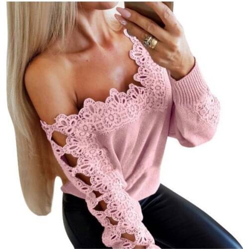 New Knitted Sweater Women 2020 Spring Autumn Casual Long Sleeve Tops Fashion Slash Neck Lace Patchwork Sweater Jumper Pullover