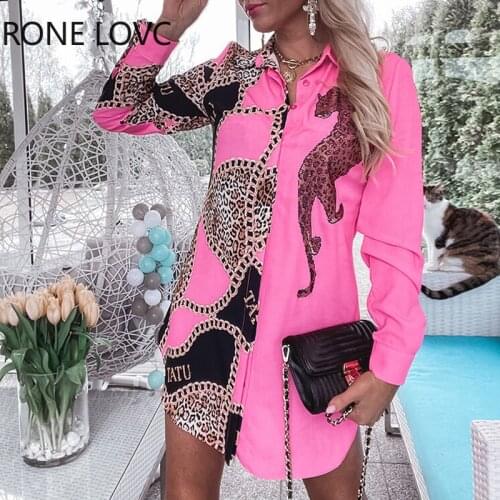 Women Cheetah Chain Print Colorblock Longline Shirt Summer Mini Dress