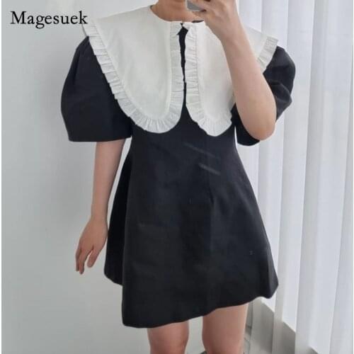Summer 2021 Short Puff Sleeve Casual Mini Dress Korean Chic Women Dress Back Zipper Big Peter Pan Collar Sweet Dresses 14662