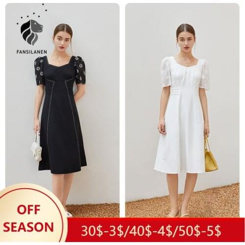 FANSILANEN Office Lady Puff Sleeve Dress Hight Waist Summer 2021 New 2021 Explosive French Square Collar High Waist Dress