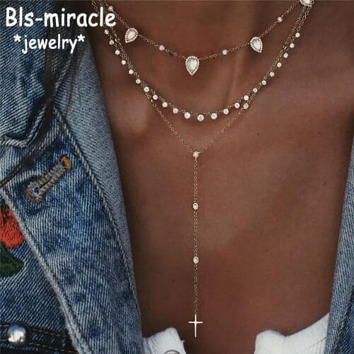 Boho Fashion Crystal Water Drop Cross Pendant Necklaces For Women Vintage Gold Necklace Multilayer Female Jewelry Wedding Gift