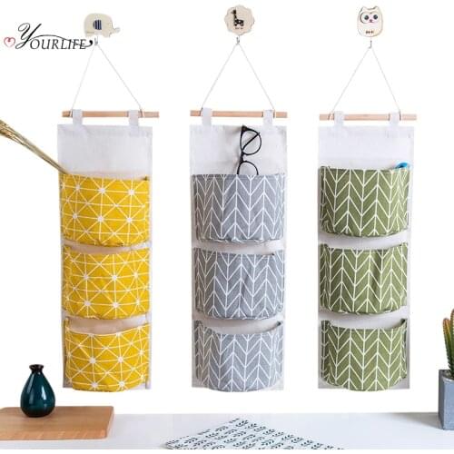 OYOURLIFE 1pc Cotton Linen 3 Pockets Hanging Storage Baskets Home Wall Wardrobe Hang Bag Cosmetic Toys Sundries Organizer