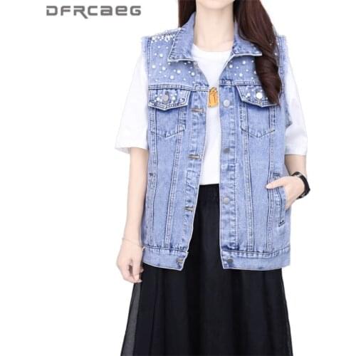 3XL Plus Size Womens Denim Vest With Beading 2021 Summer Streetwear Sleeveless Jean Jackets Loose Waistcoat Female