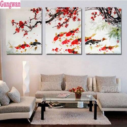 Cherry Blossom Koi Fish diamond painting 5d diy full Square diamond mosaic Diamond embroidery cross stitch 3pcs fengshui pattern