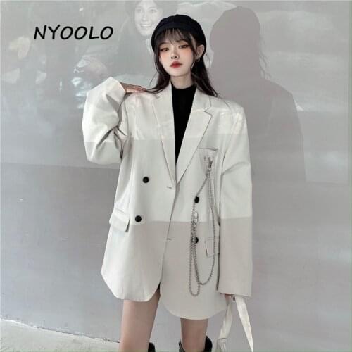 NYOOLO High street elegant temperament chain blazer women top Autumn loose Double breasted Shoulder pads blazer female workwear
