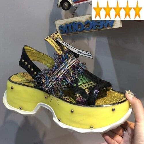 Summer New Women Thick 2021 Platform Genuine Leather Tassels Harajuku Wedges Sandals Rivets Hollow Out Creeper Shoes