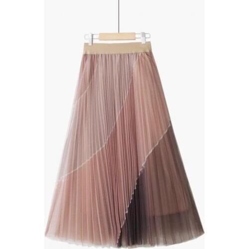 Color Long Tulle Skirt Women Spring Autumn Korean Pleated Skirt Women High Waist Slim Fairy Mid Skirt Femme