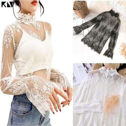 Women Mock Neck Long Sleeve Sheer Mesh T-Shirt Floral Applique Eyelash Lace Pullover Top Sexy Hollow Out Crochet Blouse Clubwear