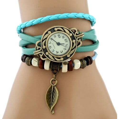 10 pcs indian Bracelet LEAF charm Watch Lady Vintage watch leather wristwatch digit indie slip wholesale LOT