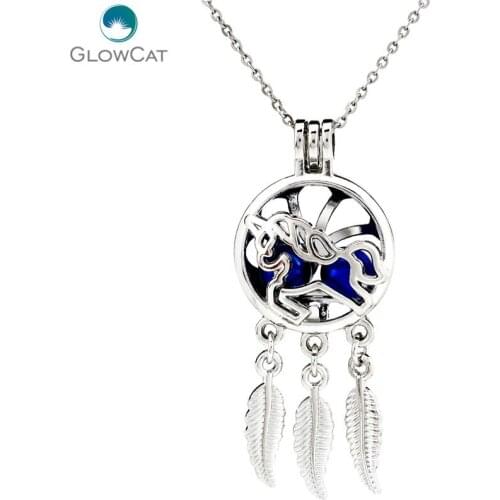 K751 Silver Alloy Dream Catcher Lovely Unicorn Leaf Beads Cage Stainless Necklace 18"Aroma Essential Oil Diffuser Locket