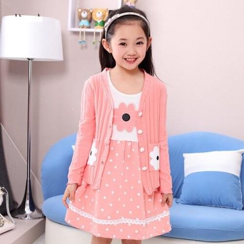 Flower Girls Autumn Clothing Sets Polka Dot Long Sleeve Dress Sets Floral Dress + Coat Size 4t-14t girl sets
