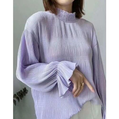 HOT SELLING Miyake Fashionable fold in pure color turtleneck three quarter T-shirt IN STOCK