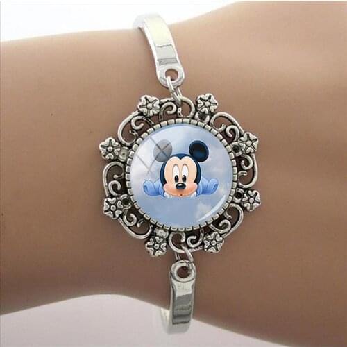 Disney Mickey Bracelet Fashion Cute Mickey Mouse Photo Cabochon Bracelet Lace Glass Charm Bracelet Dome Bracelet Jewelry