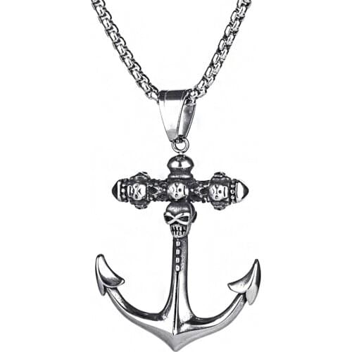 Vintage Skull Anchor Mens Alloy Pendant Necklace Stainless Steel Chain Hip Hop Necklace