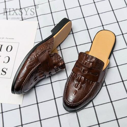 FIXSYS Summer Men Mules Outdoor Leather Casual Shoes Breathable Half Slippers Crocodile Pattern Man Half Shoes Man Penny Loafers