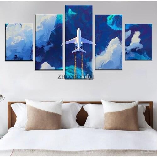 Wall Art Canvas Painting Frame 5 Panel Airplane In Flight Printed Modular Pictures Home Modern Decor Living Room Decoration