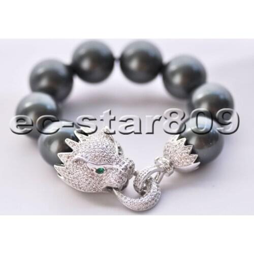 P6653 Big 8" 20mm Tahitian-Black Round SOUTH SEA SHELL PEARL Bracelet Cougar CZ