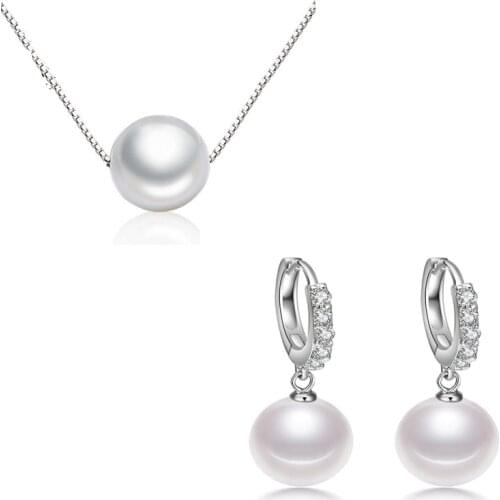Simple 925 Sterling Silver Necklace Real Pearl Pendant Necklaces +Earrings For Women Jewelry Sets Gift kolye Choker bijoux femme