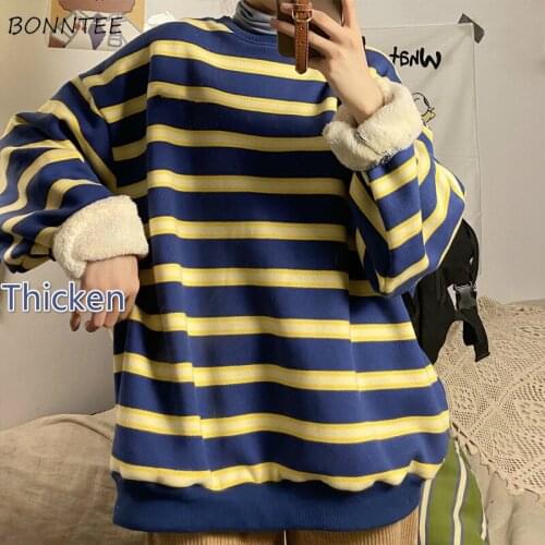 Hoodies Women Striped Full Sleeve Couples O-Neck Thicken Casual Harajuku Loose Oversize Bf Plus Velvet Students Pullover Trendy
