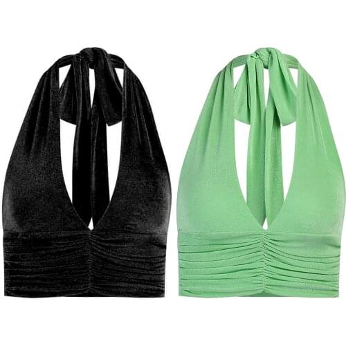 V Neck Bandage Sexy Crop Top Women Backless Ruched Y2K Summer Green Fashion ​Shirts Black Party Halter Neck Casual Tank Tops