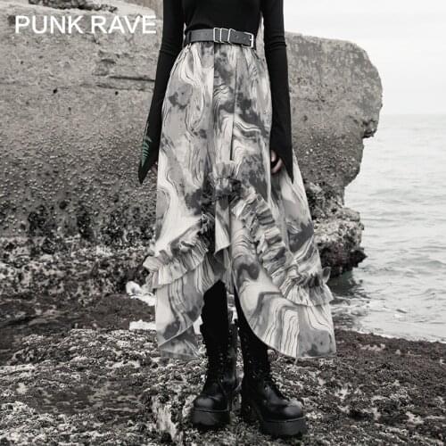 PUNK RAVE Girls Punk Half-length Skirt Autumn Thin Long Section Irregular All-match Personality Gray Chiffon Drape Skirt Women