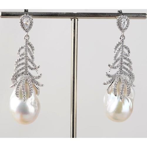 Womens Freshwater White Keshi Pearl Silver Plated Cz Pave Feather Earrings