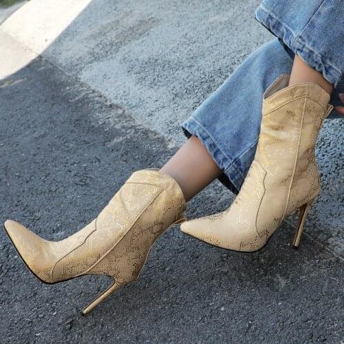 Women Winter Sexy Super High Heel Ankle Boots Ladies Faux Leather Pointed Toe Boots Fashion Golden Silver Short Boots2022 Series