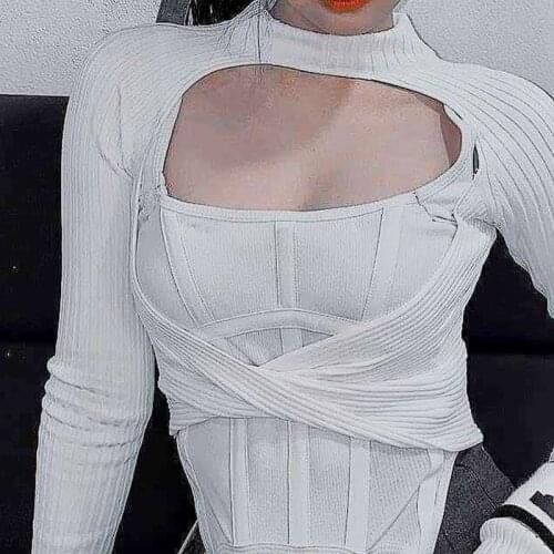 Womens Long Sleeve Solid Color Ribbed Knitted Tops Sexy Hollowing Out Crop Top Female Slim Fit Clothes Midriff-baring Basic Tee