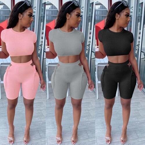 New Tracksuit Women Casual Ribbed Sporty Solid Matching Set Short Sleeve+Bandage Hollow Out Biker Shorts Stretchy Slim Fitness